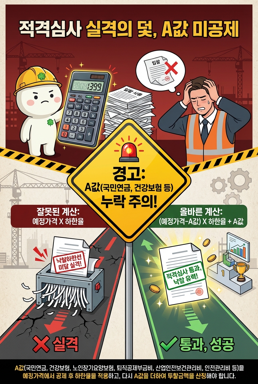 적격심사 대상 공사 투찰 금액 산정 시 'A값'(국민연금, 건강보험 등) 공제 누락으로 인한 실격 및 감점 사례 분석