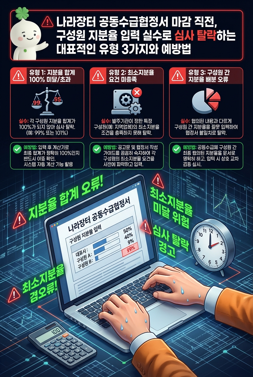 나라장터 공동수급협정서 마감 직전, 구성원 지분율 입력 실수로 심사 탈락하는 대표적인 유형 3가지와 예방법