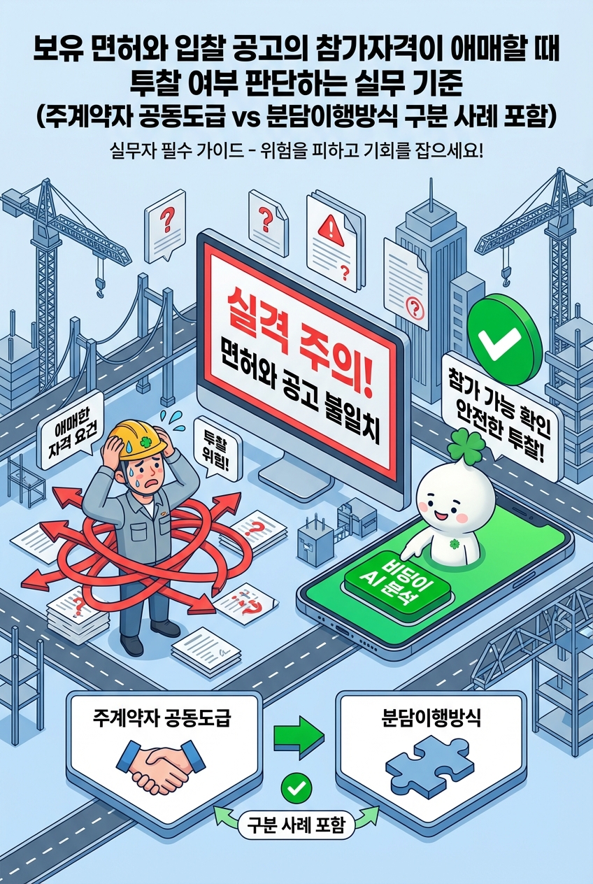 보유 면허와 입찰 공고의 참가자격이 애매할 때 투찰 여부 판단하는 실무 기준 (주계약자 공동도급 vs 분담이행방식 구분 사례 포함)