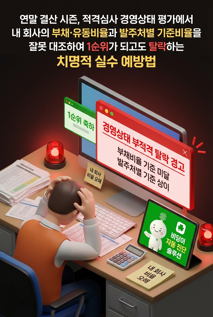 연말 결산 시즌, 적격심사 경영상태 평가에서 내 회사의 부채·유동비율과 발주처별 기준비율을 잘못 대조하여 1순위가 되고도 탈락하는 치명적 실수 예방법