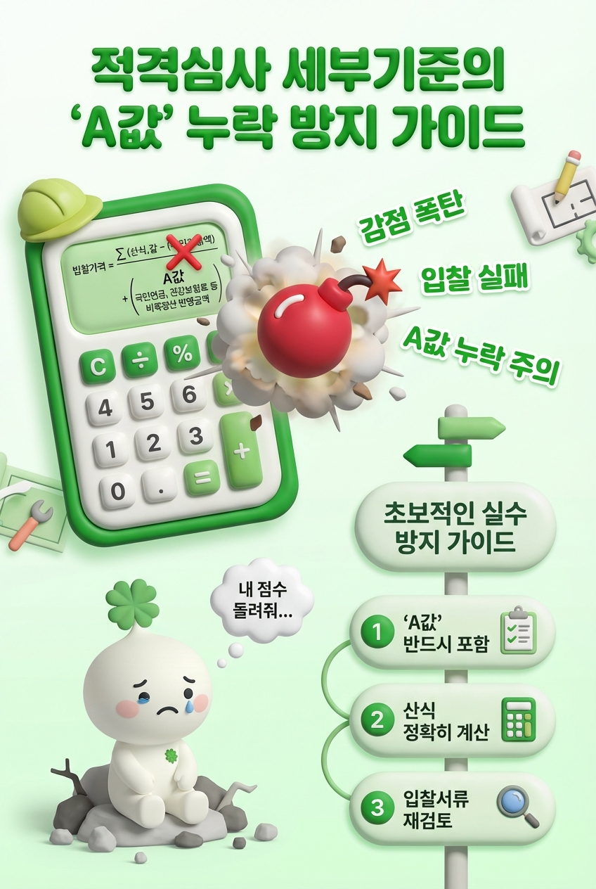 적격심사 세부기준의 'A값'(국민연금, 건강보험료 등 비목정산 반영금액)을 투찰금액 산식에서 누락하여 입찰가격 평점에서 감점받는 초보적인 실수 방지 가이드