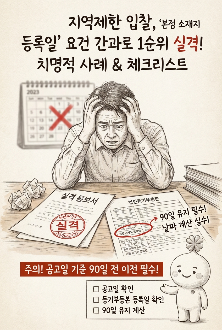 지역제한 입찰 참여를 위해 법인 주소지를 이전했을 때, '법인등기부등본상 본점 소재지 등록일' 요건(보통 공고일 기준 90일 전 유지 등)을 간과하여 1순위가 되고도 적격심사 대상에서 배제되는 치명적 사례와 체크리스트