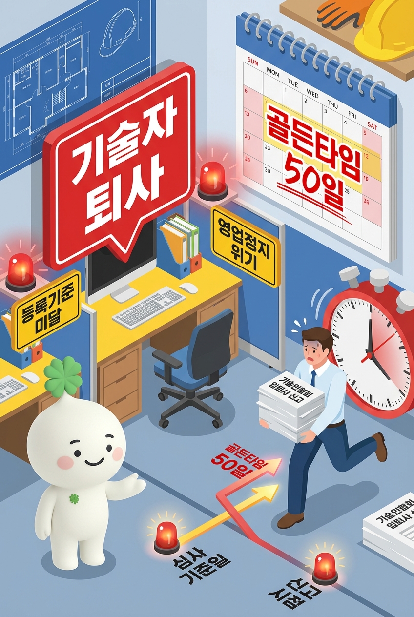 적격심사 대상 기간 중 핵심 기술인력의 갑작스러운 퇴사로 등록기준 미달 사태가 발생했을 때, 심사 감점과 영업정지 행정처분을 동시에 막기 위한 기술인협회 입·퇴사 신고 골든타임 활용 실무 가이드